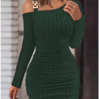 Stylish Metal Sheet Diagonal Collar Long Sleeved Dress  Women's Solid Slim knitted Dresses Sexy Off Shoulder Autum Roben