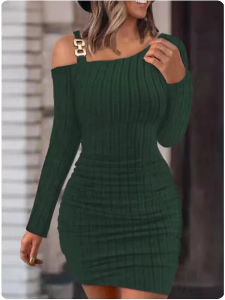 Stylish Metal Sheet Diagonal Collar Long Sleeved Dress  Women's Solid Slim knitted Dresses Sexy Off Shoulder Autum Roben