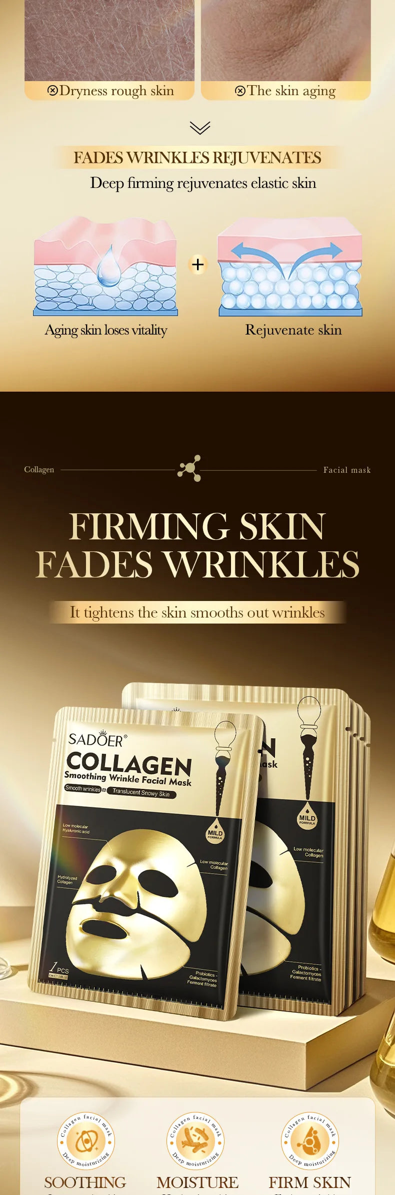 SADOER Golden Collagen Facial Masks Moisturizing Anti-Aging Anti Wrinkles Face Mask Sheet Collagen Masks Skin Care Product