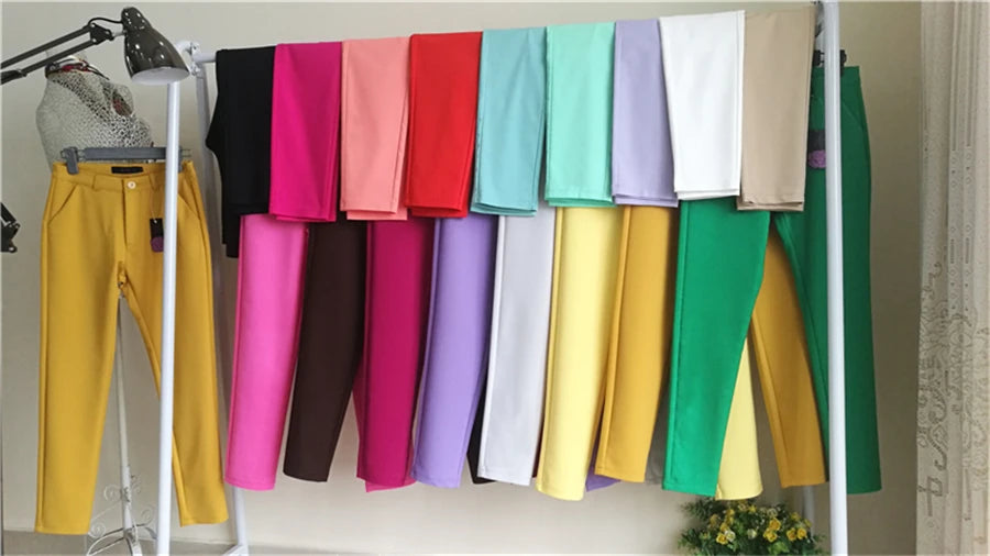 Fashion Streetwear Cute Candy Color Pencil Pants Women Stretch Cotton Slim Waist Straight Pantalones Casual Office Work Trousers