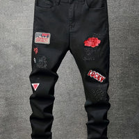 Men's slim fit jeans embroidered elastic straight leg denim pants