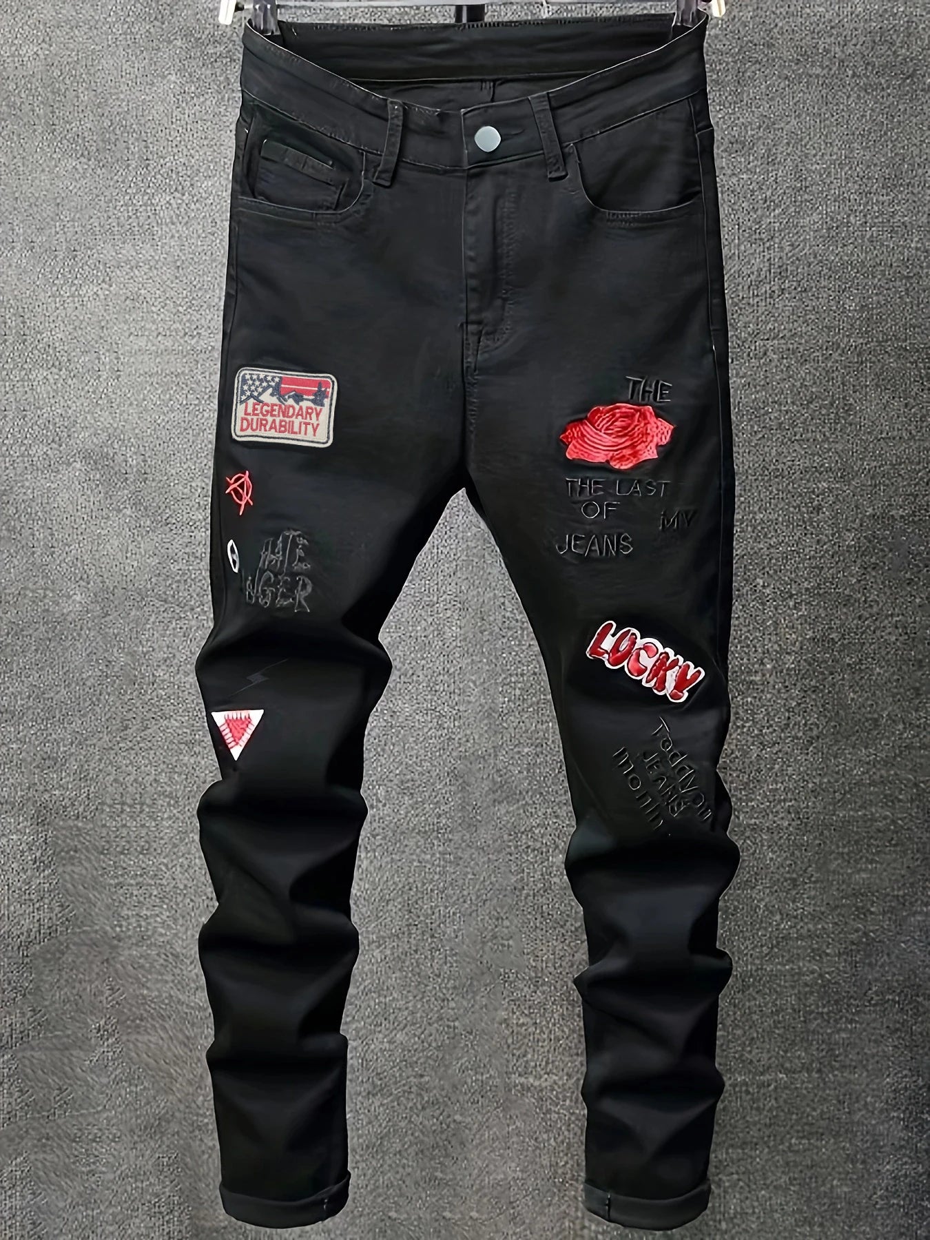 Men's slim fit jeans embroidered elastic straight leg denim pants