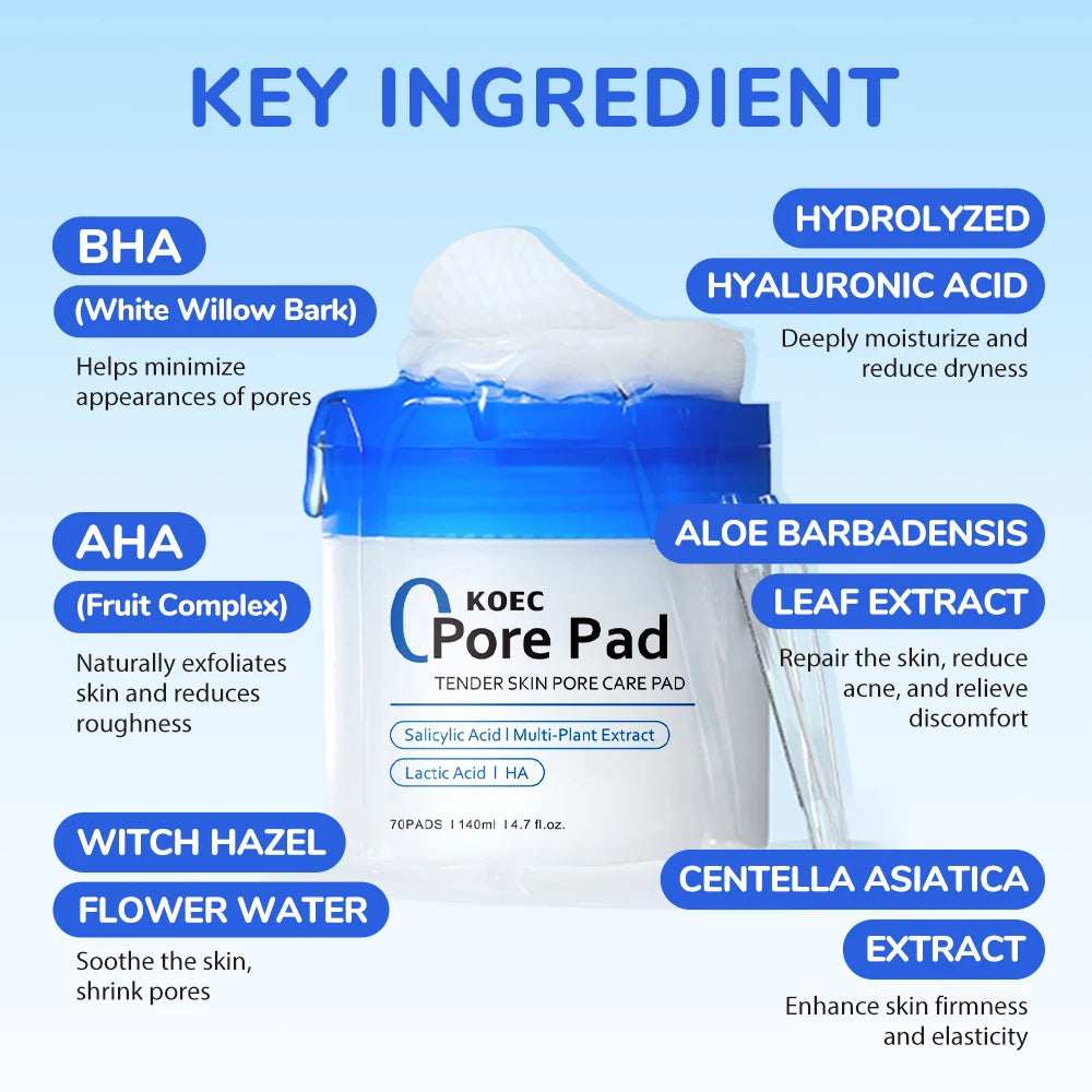 KOEC Zero Pore Pads 70Pads and Red Succinic Acid Facial Peeling Pads , for Exfoliation and Pore Care with AHA Lactic Acid