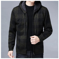 Men Sweater Jacket Fashion Winter Coat Fleece Hoodies High Quality Luxury Checkered Hooded Knit Cardigan Male Outer Wear