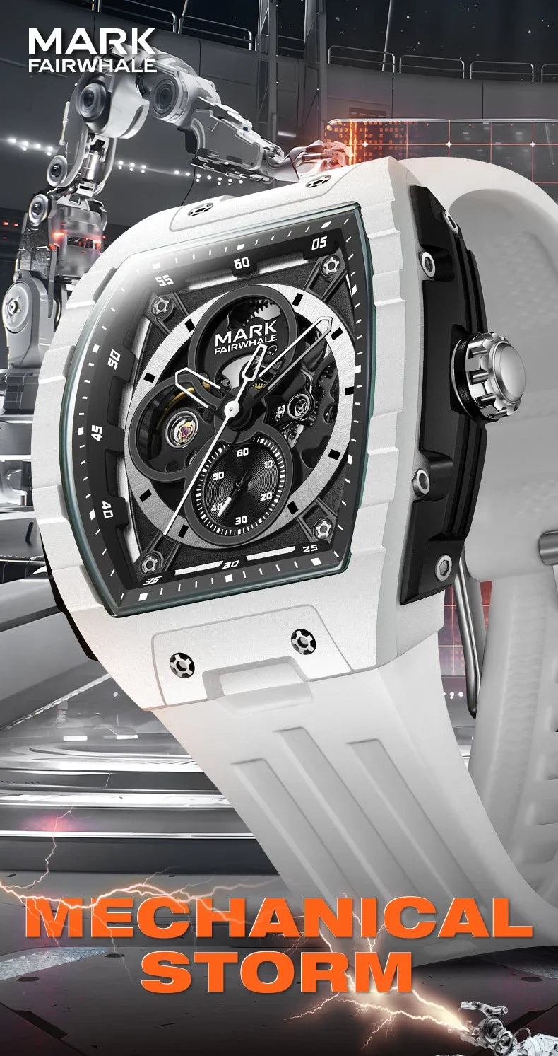 Mark Fairwhale 6014 Brand Rubber Strap Waterproof Luminous Men's Automatic Mechanical Watch Barrel Shape Watches for Men