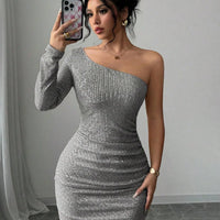 Women's Off Shoulder  Sequins Bodycon Dress, Elegant Fashion Short Dress for Party Club Dating Wear, Ladies Dress for All Season