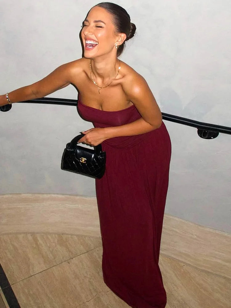 Mozision Off-shoulder Strapless Pleated Sexy Maxi Dress Women Fashion Backless Sleeveless High Waist Ruched Long Dress Elegant