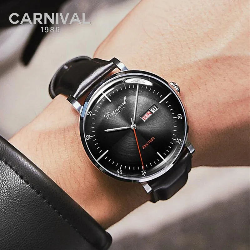 Carnival Brand 3D Curved Dial Luxury Sapphire Automatic Watch for Man Leather MIYIOTA Mechanical Watch Sports Wristwatch Male