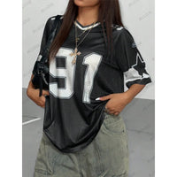 Summer New Black Speed 91 Print T-Shirt for Women V-Neck Patchwork Short Sleeve Sports Football Jersey Y2K Loose Oversized Tops