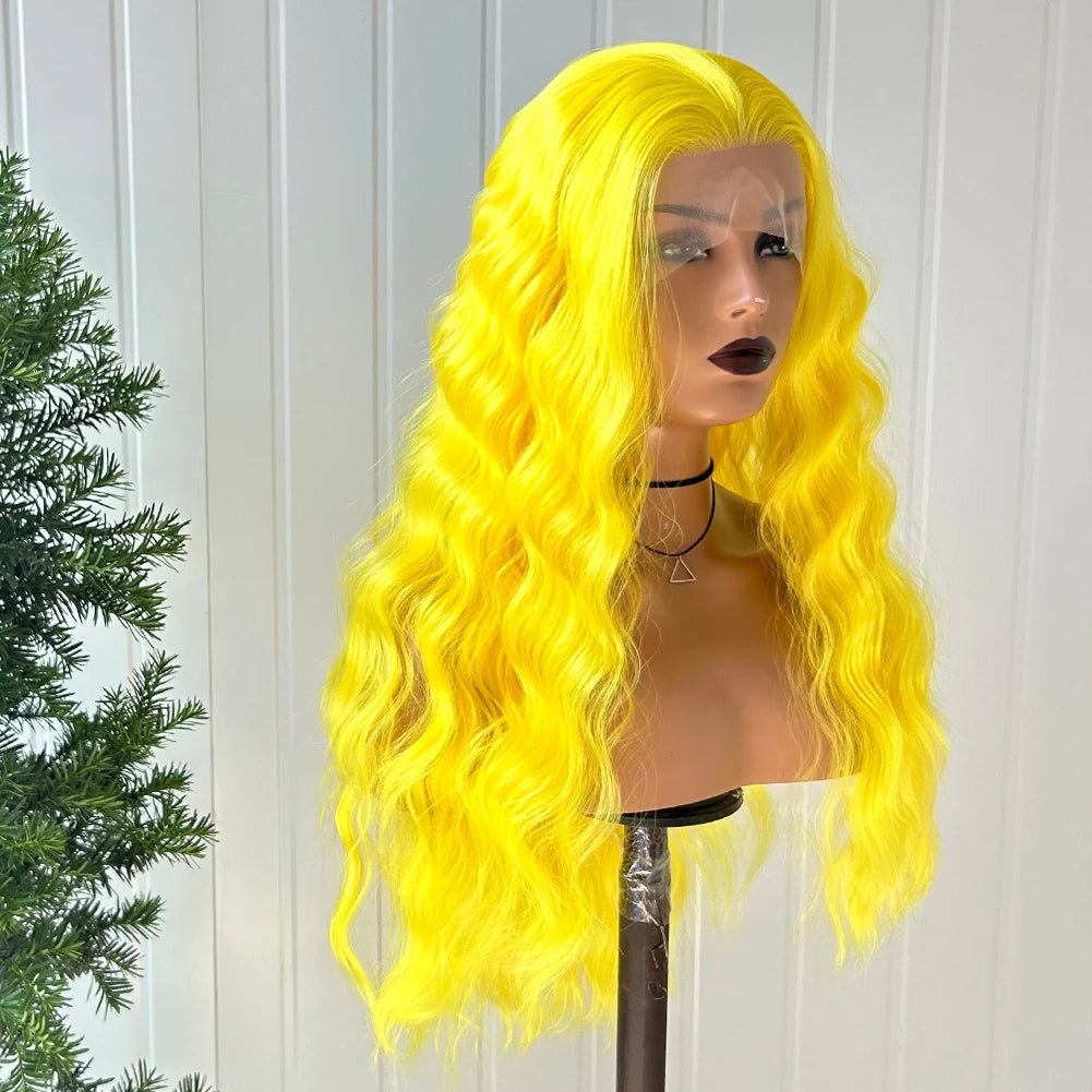 AIMEYA Yellow Hair Cosplay Synthetic Lace Front Wigs for Women Long Loose Wave Wig Free Part Heat Resistant Fiber Synthetic Wig