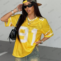 Summer New Black Speed 91 Print T-Shirt For Women V-Neck Patchwork Short Sleeve Sports Football Jersey Y2K Loose Oversized Tops