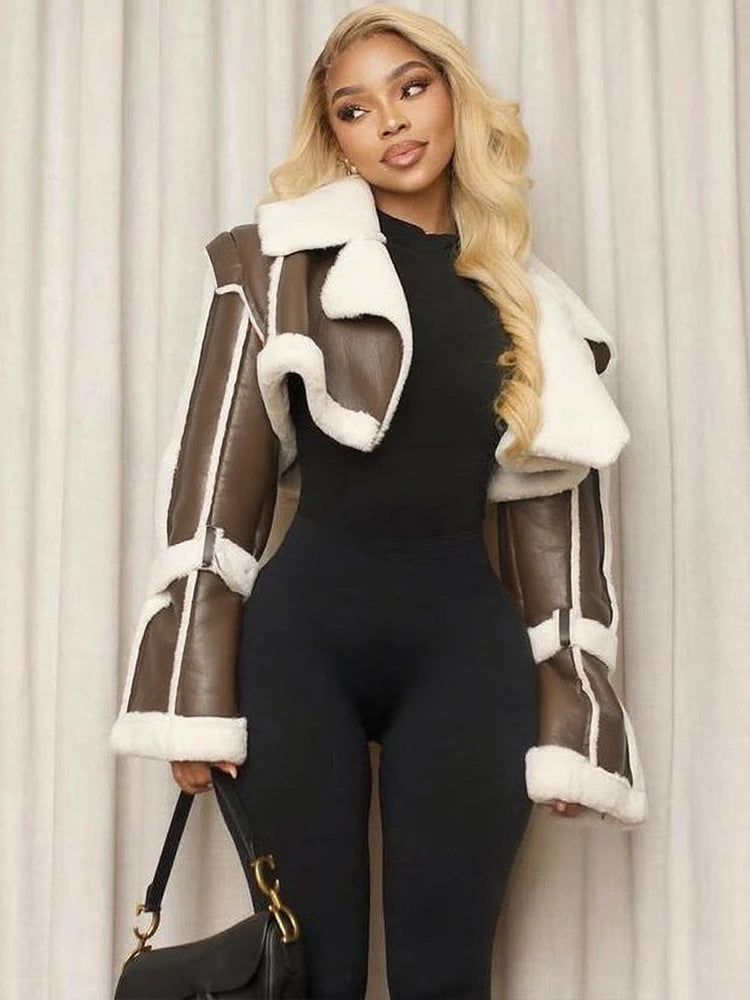 Weird Puss Furry Patchwork Women Crop Jacket Hipster Full Sleeve Open Stitch Hipster Streetwear Warm Outwear Basic Wild Coat