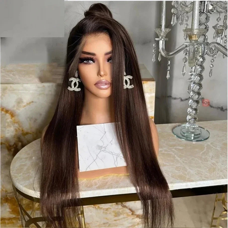 180Density Soft Brown 26” Glueless Long Straight Lace Front Wig For Black Women With Baby Hair Preplucked Natural Hairline