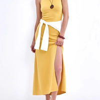 Knit Sleeveless Dresses For Women Long Elegant White High Slit Dress Bodycon Ladies Office Skinny Maxi Tank Rib Dress Female