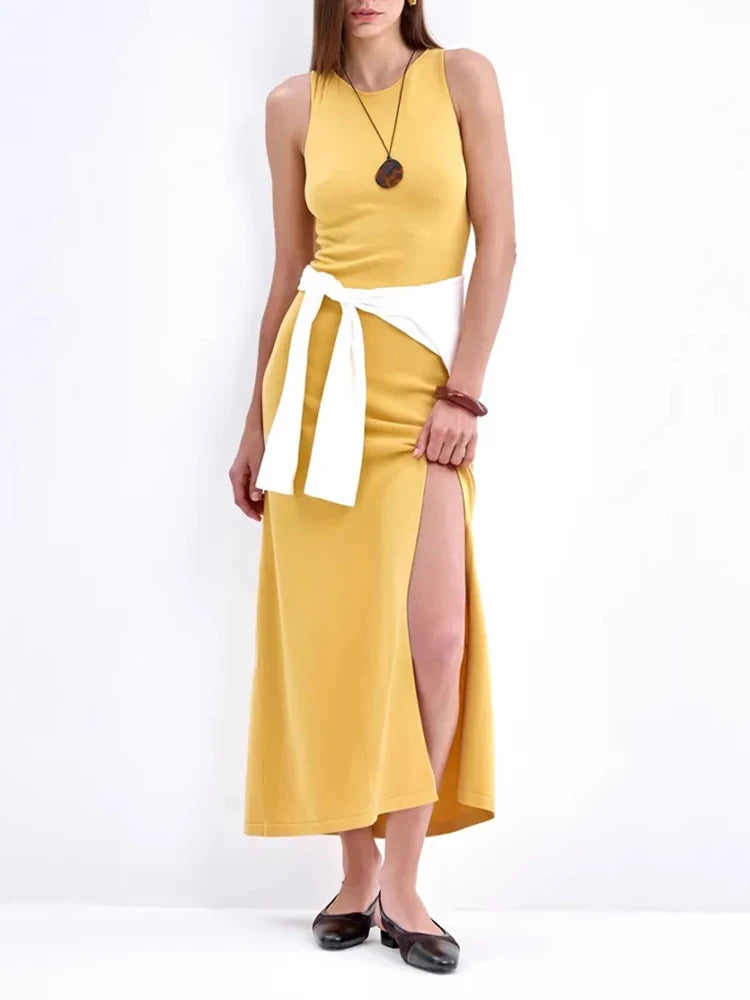 Knit Sleeveless Dresses For Women Long Elegant White High Slit Dress Bodycon Ladies Office Skinny Maxi Tank Rib Dress Female