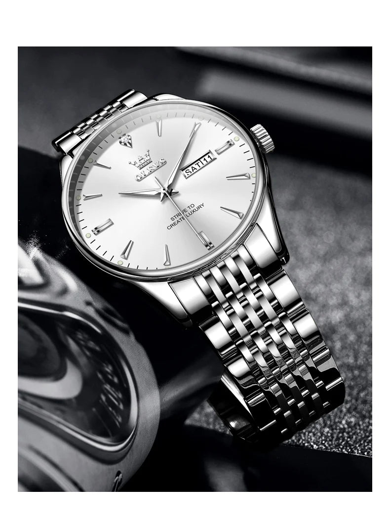 OLEVS Men's Watches Fashion Simple Calendar Week Luminous Waterproof  Steel Strap Man Watch Original Quartz Watches for Men 2929