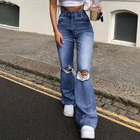 Hole Flare Pants Jean Women Fit Vintage Pockets High Waist Zipper Button Basics Denims Wide Leg Trousers 2025 Casual Jeans