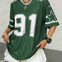 Summer New Black Speed 91 Print T-Shirt For Women V-Neck Patchwork Short Sleeve Sports Football Jersey Y2K Loose Oversized Tops