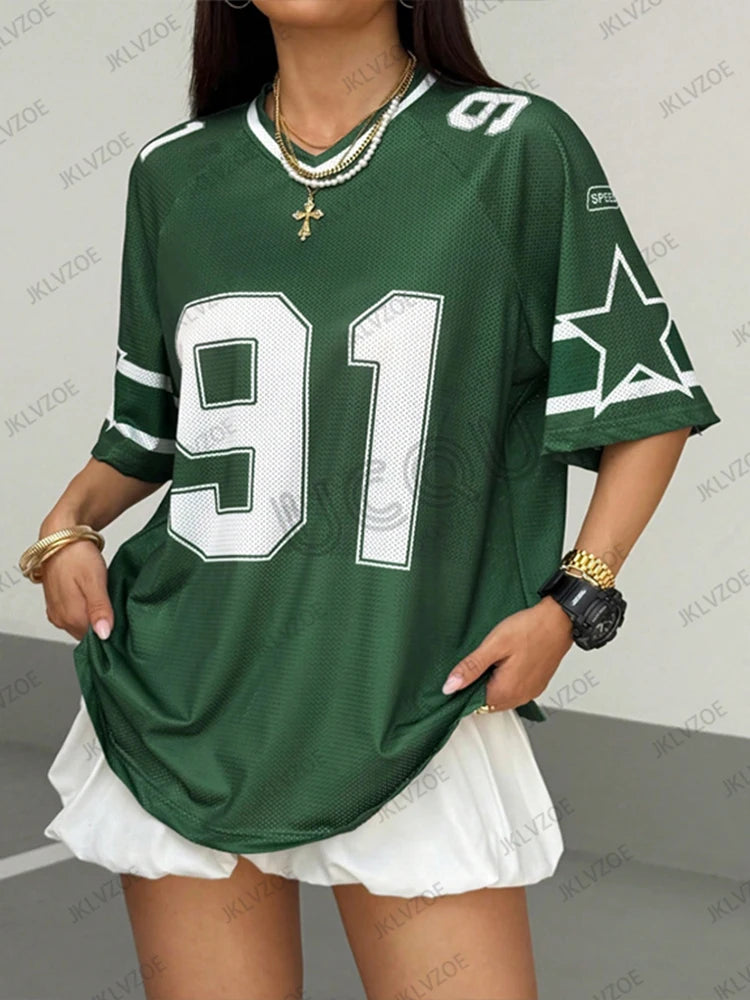 Summer New Black Speed 91 Print T-Shirt For Women V-Neck Patchwork Short Sleeve Sports Football Jersey Y2K Loose Oversized Tops