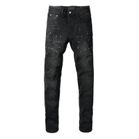 Black Men's American High Street Distressed Rhinestones Patterns Skinny Ripped Button Fly Jeans Pants