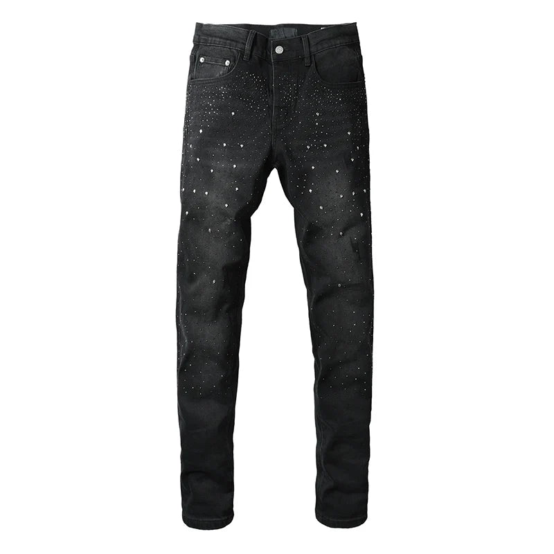 Black Men's American High Street Distressed Rhinestones Patterns Skinny Ripped Button Fly Jeans Pants