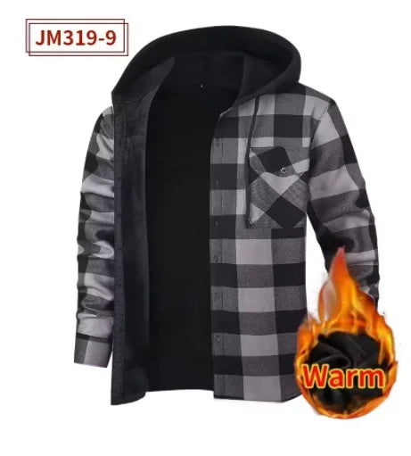 Fashion korean popular clothes winter Adding velvet and thickening long-sleeve shirts for men casual Hooded jacket plaid tops