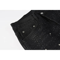 Black Men's American High Street Distressed Rhinestones Patterns Skinny Ripped Button Fly Jeans Pants