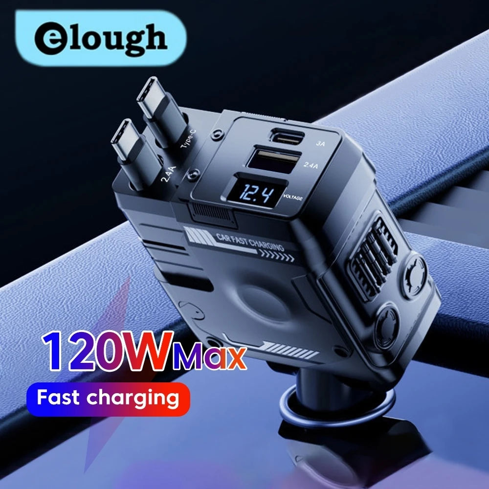 Elough 120W Car Charger Super Fast Flash Charge USB/Type C Multi Port Charger 4 in 1 Expansion Cable
