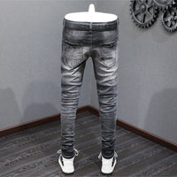 Designer Fashion New High Quality Black Grey Jeans Elastic Slimming Perforated Patch Washed Jeans High Street Hip Hop Brand Pant