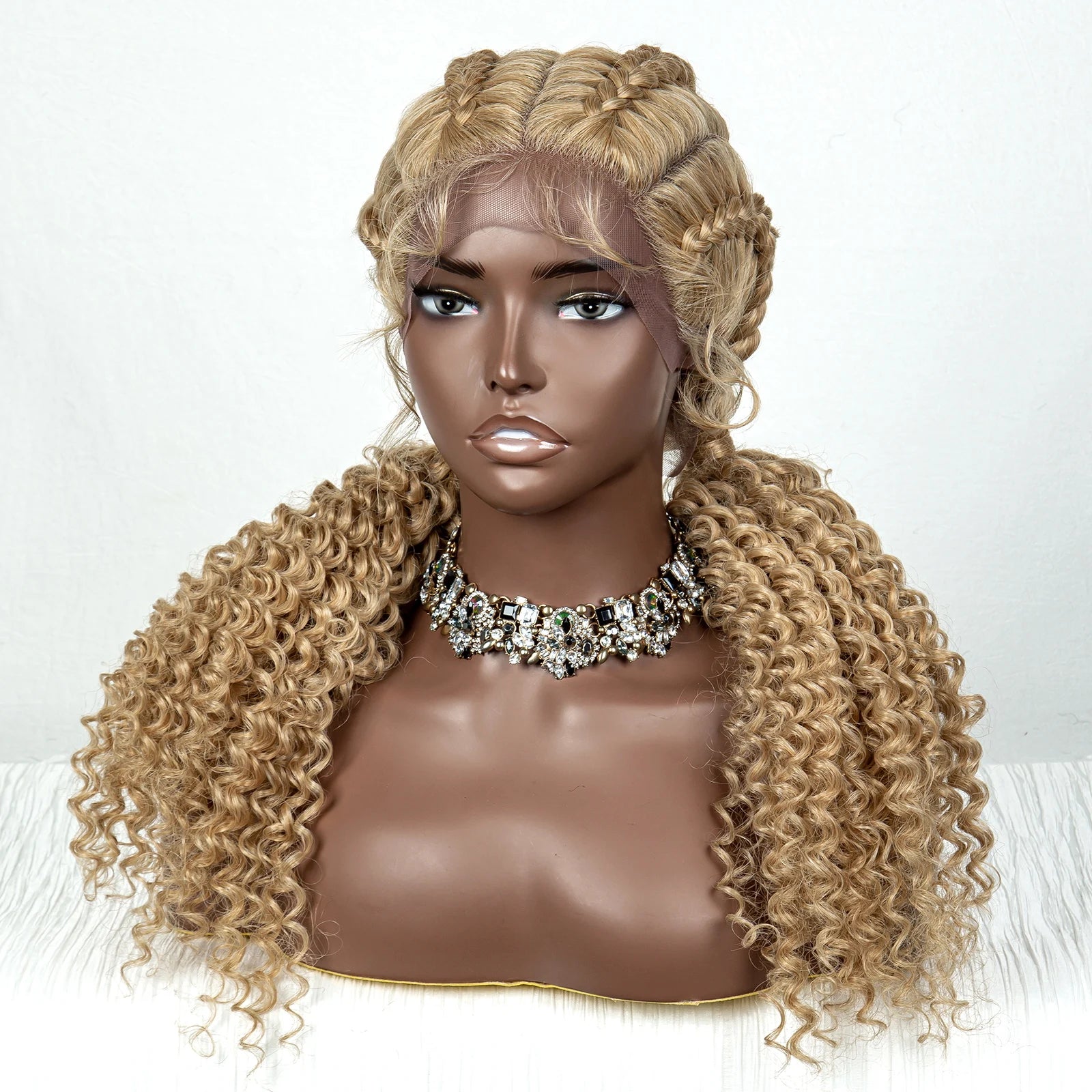 22inch Cornrow Braided Wigs Synthetic Lace Front Braids Wigs with Baby Hair 2 Curly Ponytail Braided Wigs for Black Women
