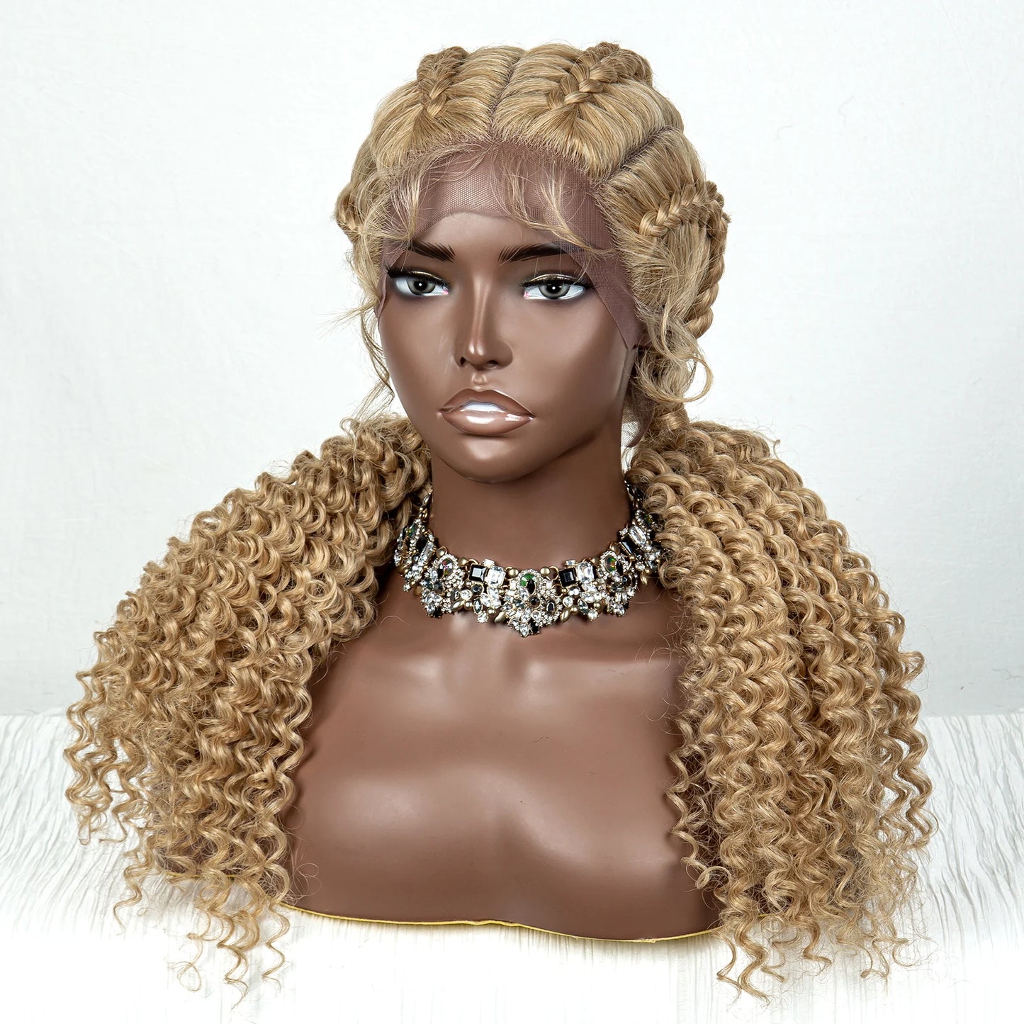 22inch Cornrow Braided Wigs Synthetic Lace Front Braids Wigs with Baby Hair 2 Curly Ponytail Braided Wigs for Black Women