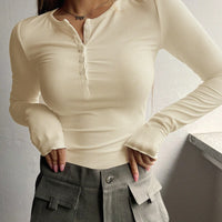 Women's Plain Half Button Front Ribbed Tee, Fashion Top, Casual Fit Long Sleeve Round Neck T shirt