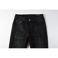 Black Men's American High Street Distressed Rhinestones Patterns Skinny Ripped Button Fly Jeans Pants