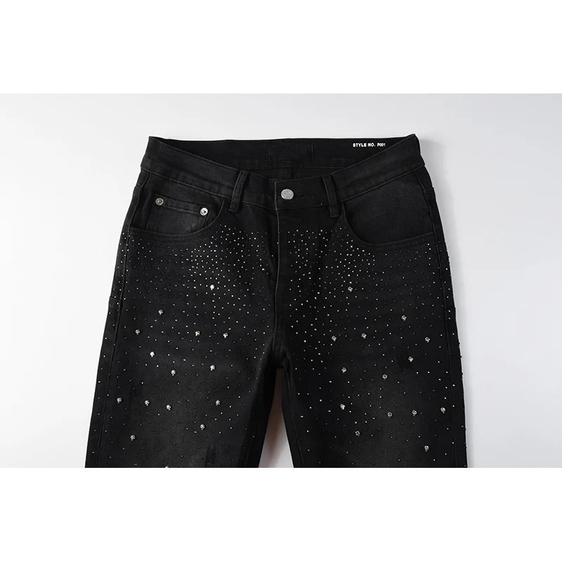 Black Men's American High Street Distressed Rhinestones Patterns Skinny Ripped Button Fly Jeans Pants
