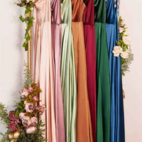 Elegant Women Maxi Beach Satin Dress Sexy Leg Slit Lace up Evening Prom Gown Adjustable Straps Bridesmaid Dresses