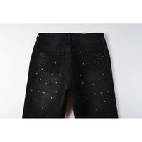 Black Men's American High Street Distressed Rhinestones Patterns Skinny Ripped Button Fly Jeans Pants