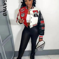 Winter Fall Jacket For Women Coat Trend O Neck Buttons Cropped Top Jacket Patchwork Baggy Blue Female Outerwear varsity jacket