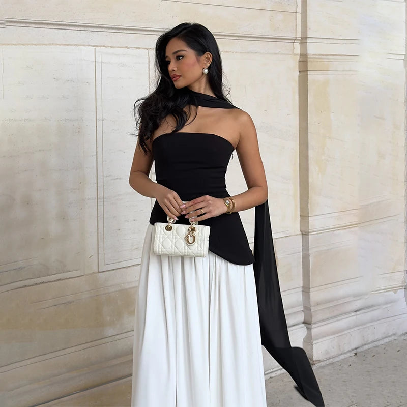 Fashion Contrast Women's V-neck Sling Long Dress For Women Elegant Pleated Backless Sleveless Maxi Dresses Lady Evening Vestidos