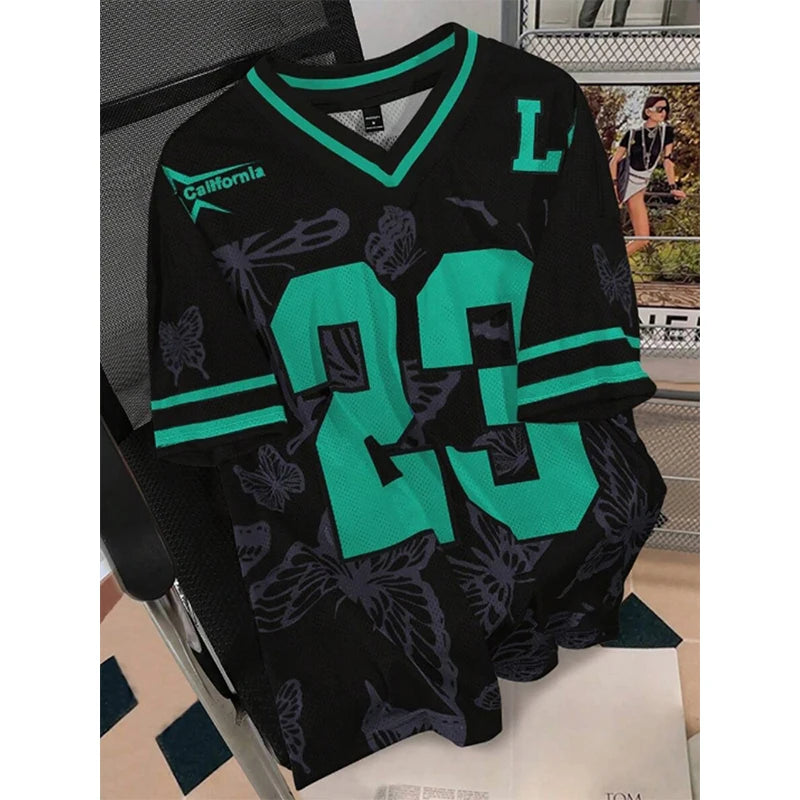 Summer Fashion Butterfly 23 Print TShirt For Women V-Neck Mesh Hole Short Sleeve Sports Football Jersey Y2K Loose Women Clothing