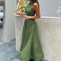 Oymimi Elegant Green Cotton Women's Dress Fashion O-Neck Sleeveless Dresses Casual New High Waist A-Line Mid-Calf Dresses Female