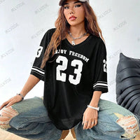 Summer New Black Enjoy Freedom 23 Print T-Shirt For Women V-Neck Short Sleeve Mesh Sports Football Jersey Y2K Oversized Tops