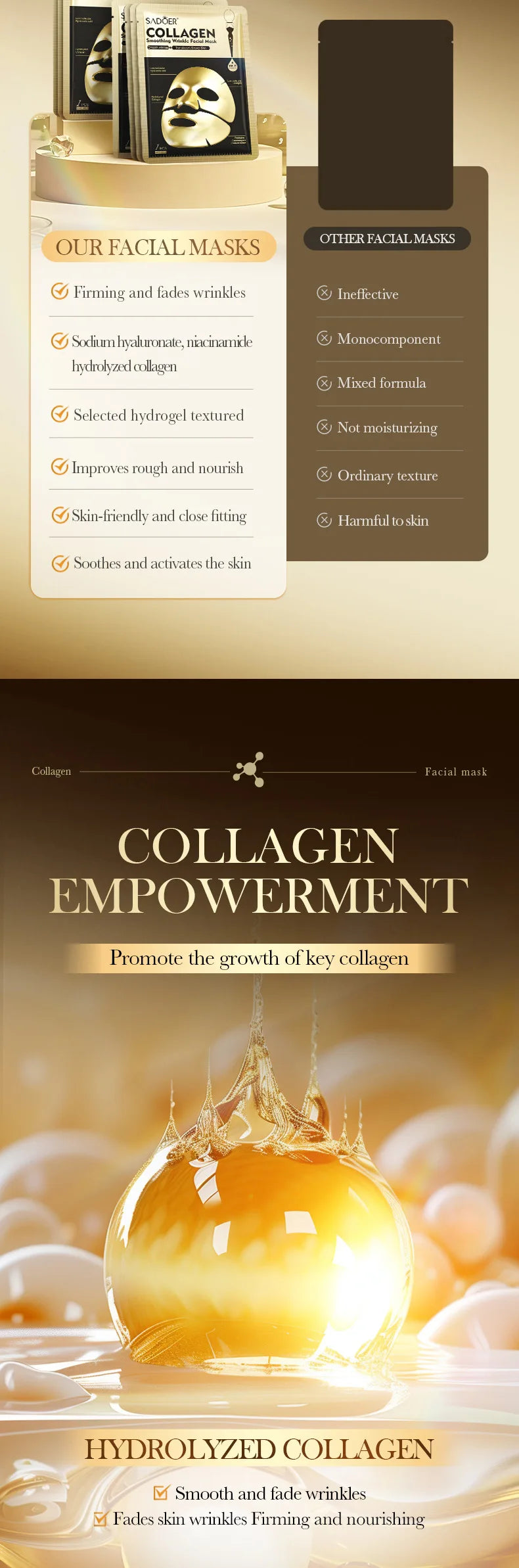 SADOER Golden Collagen Facial Masks Moisturizing Anti-Aging Anti Wrinkles Face Mask Sheet Collagen Masks Skin Care Product