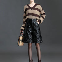 ZUZK  Warm Black PU Leather Thick Bermuda Shorts For Women Winter  Knee Length Shorts Motorcycle Punk High Waist Bermuda Femme