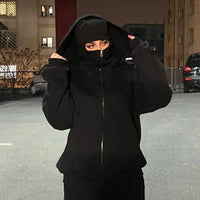 women's Men's and Balaclava Y2K Gothic Harajuku winter new item double hooded sweatshirt men's hooded mask zipper sportswear