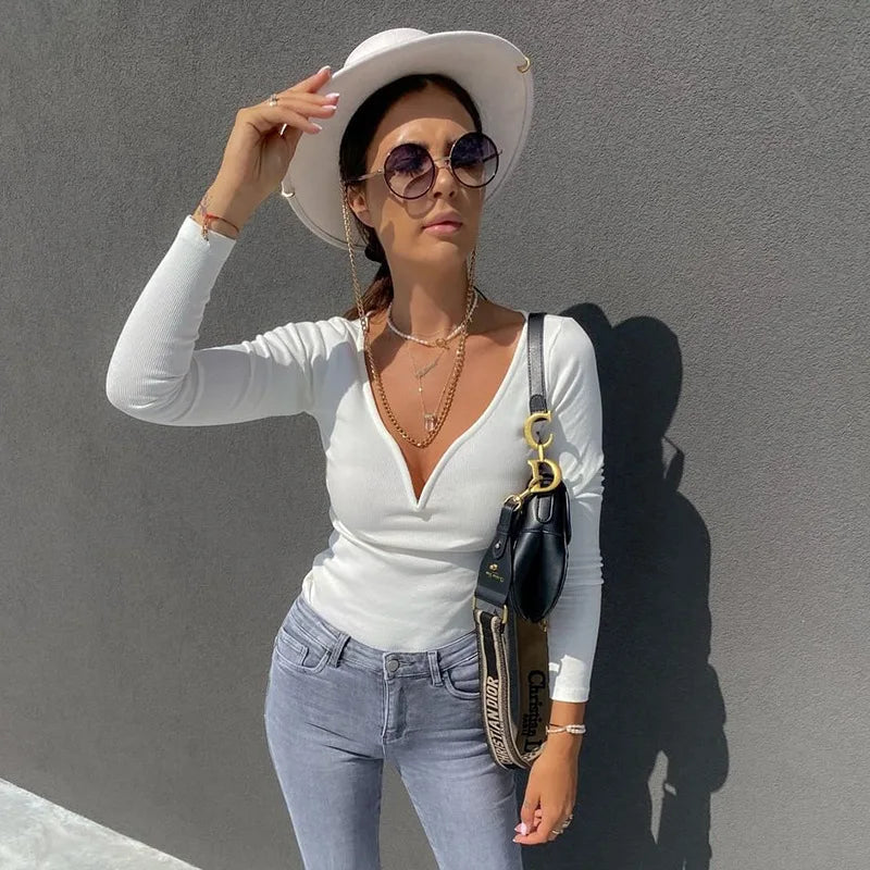 Women Sexy V Neck Solid Color Skinny Long Sleeve T Shirt Blouse Top Knitwear Elegant Casual High Street Club Party Harajuku High