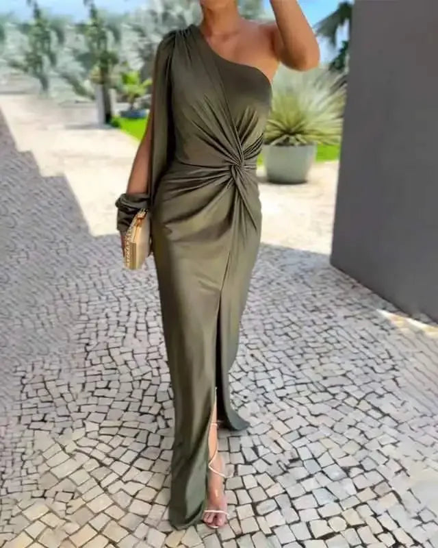 Slim Fit Pure Color Summer New Style Knot Slit Shoulder Women's Dress Fashionable Elegant Ankle Length One Shoulder Dress