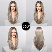 Gray Blonde Synthetic Wigs Dark Root Hairline Lace Frontal Straight Layered Wigs for Women Ladies Daily Use Wigs Heat Resistant