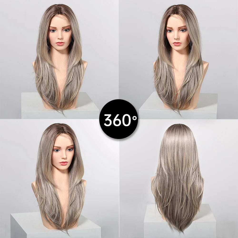 Gray Blonde Synthetic Wigs Dark Root Hairline Lace Frontal Straight Layered Wigs for Women Ladies Daily Use Wigs Heat Resistant