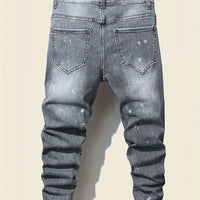 Men's slim fit ripped long denim pants, tight jeans with pockets, side straps, and zippers, men's jogging pants, ripped stretch
