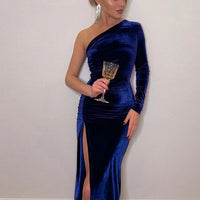 Women Elegant Long Sleeve Party Evening Velvet Bodycon Split Pencil Midi Dress Spring Autumn Clothes